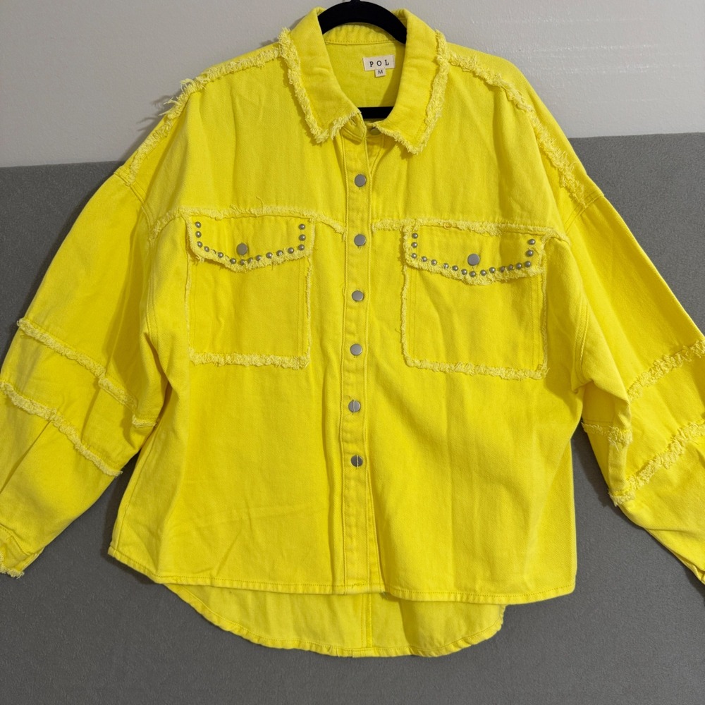 POL Yellow Denim Fringe‎ Jacket Studded Oversized Shacket Womens M studded